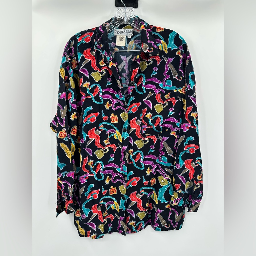 Diane Von Furstenberg Vintage Novelty Colorful Print‎ Button Down Top Size 14